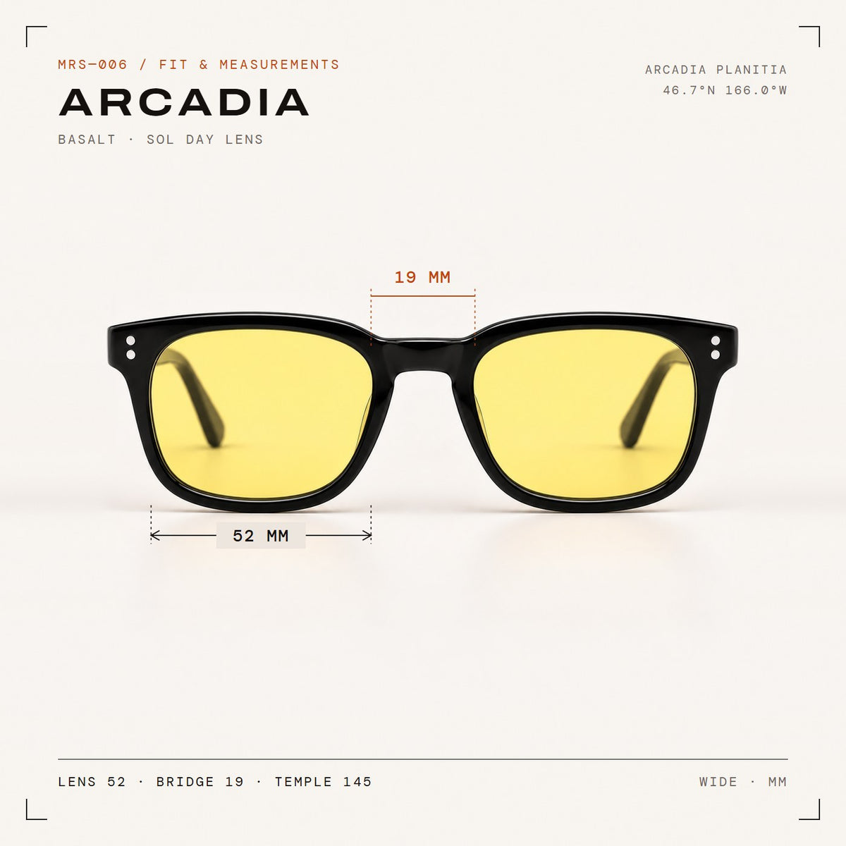 Arcadia Basalt with Sol day lenses, fit and measurements
