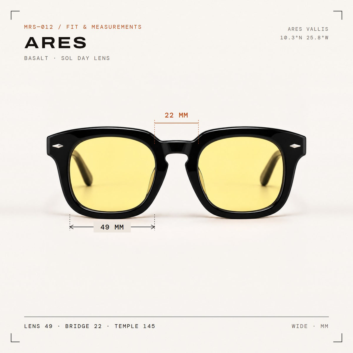 Ares Basalt with Sol day lenses, fit and measurements