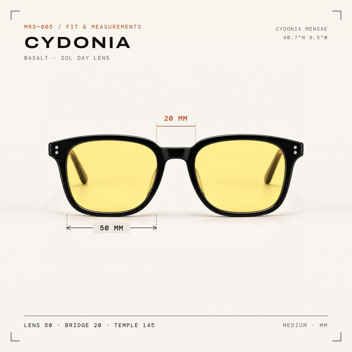 Cydonia Basalt with Sol day lenses, fit and measurements