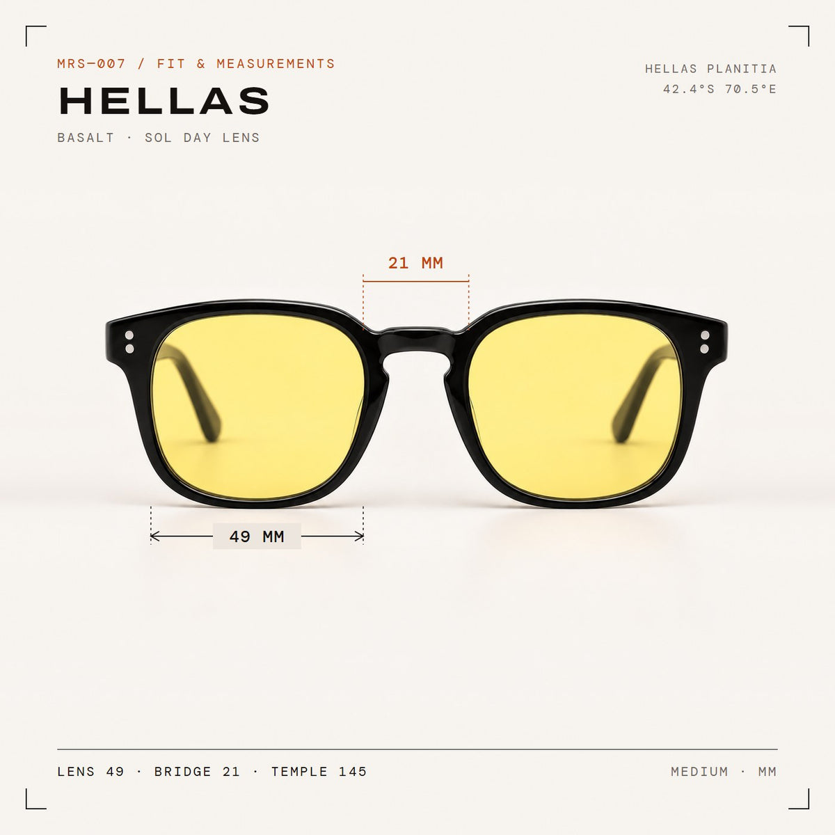 Hellas Basalt with Sol day lenses, fit and measurements
