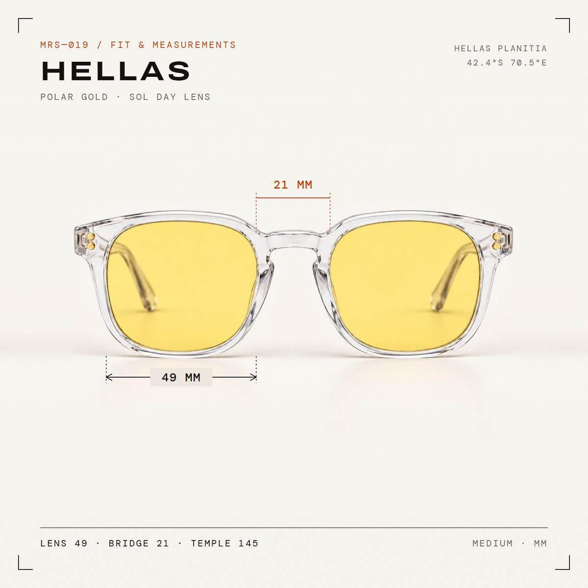 Hellas Polar Gold with Sol day lenses, fit and measurements